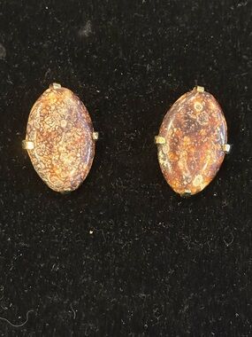 Vintage Signed Castlecliff Bronzite Cabachon Clip Earrings 1-1/4”